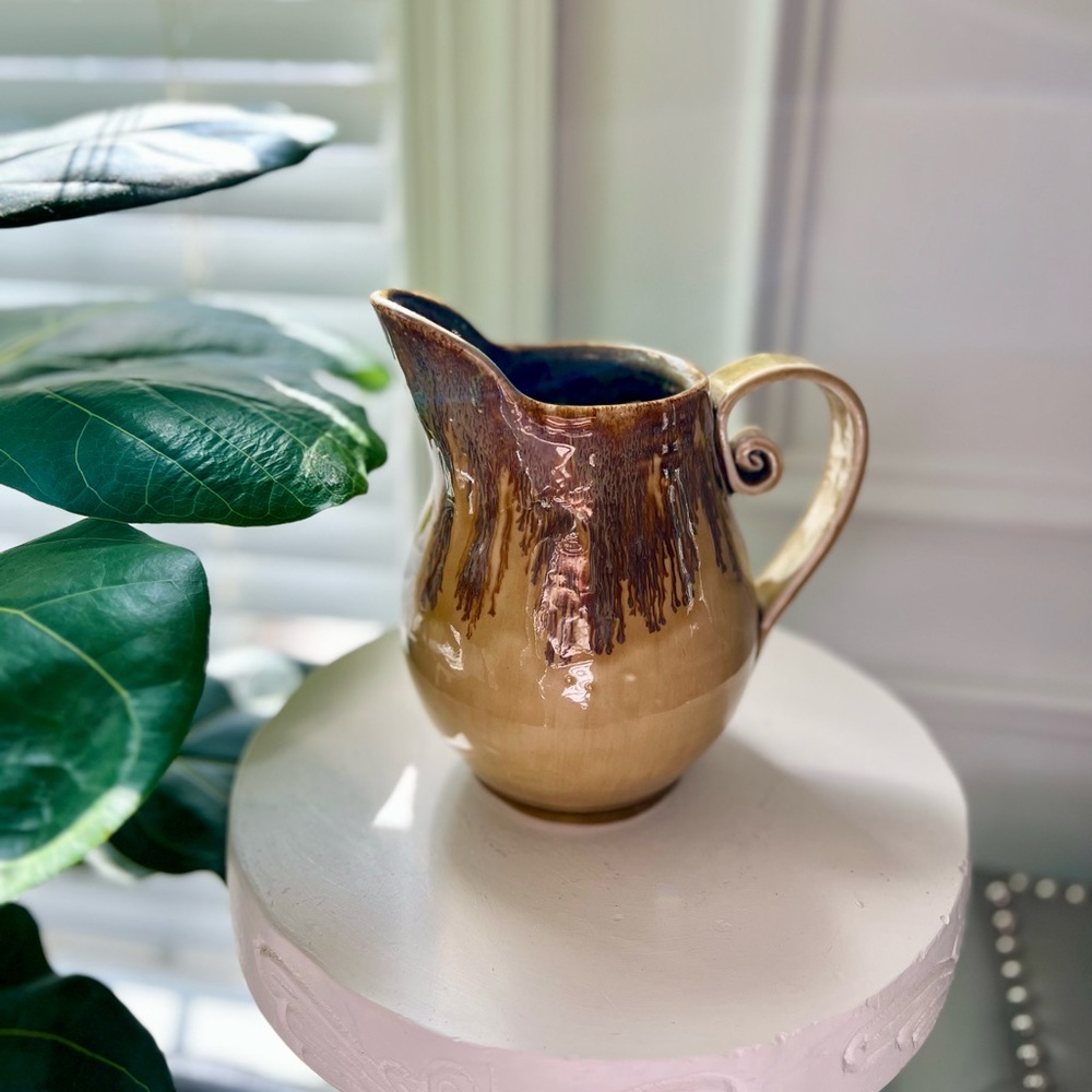 Handmade Pottery Pitcher Gold Tone